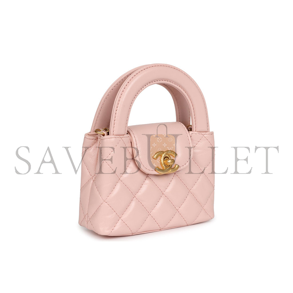 Ch*el master nano kelly shopper light pink shiny aged calfskin brushed gold hardware(12.5*8.3*4cm)